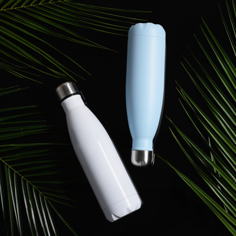 Rédaction-web-idéelle Bouteilles thermos blanche et bleue sur feuilles vertes
